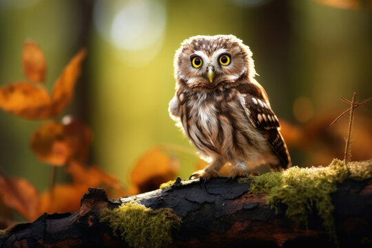 A little owl on branch in the forest.