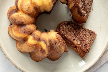 Homemade Marble Cake on a Plate, top view. Close-up.