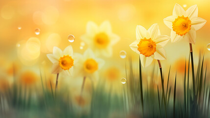 Yellow Daffodils Flowers closeup on a yellow