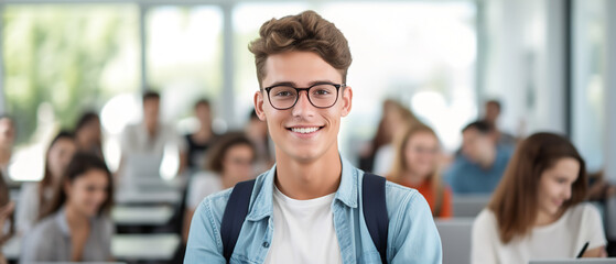 Fototapeta premium Portrait of positive European male teenager student