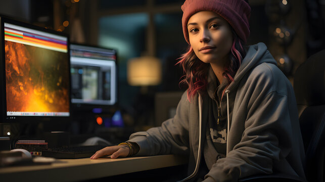 A female graphic designer at a sleek workstation, diffused daylight, dressed in creative attire - Powered by Adobe