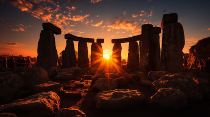 Take a photograph of an ancient stone circle or similar structure aligned with the setting sun on the winter solstice
