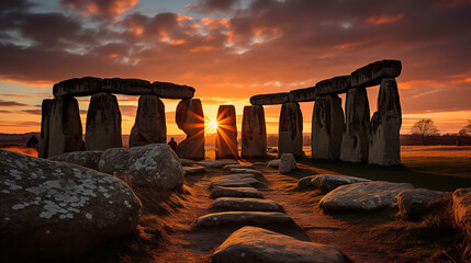Take a photograph of an ancient stone circle or similar structure aligned with the setting sun on the winter solstice - obrazy, fototapety, plakaty