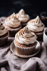 whipped cream topped cupcakes, in the style of dark beige