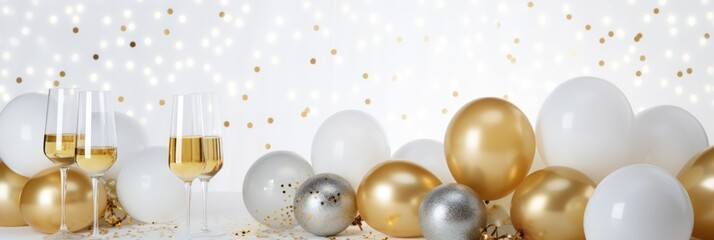 Fototapeta na wymiar Glam New Years Eve celebration white and gold background with balloons, disco balls, confetti and champagne glasses with copy space
