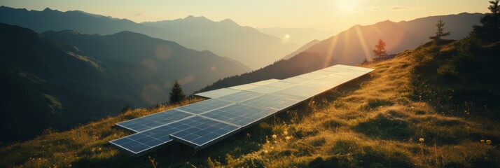 Renewable energy concept solar panels generating green energy on a sunlit day at a solar farm - obrazy, fototapety, plakaty