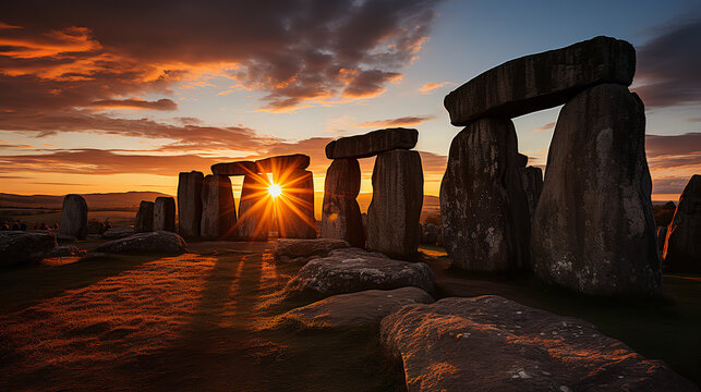Take a photograph of an ancient stone circle or similar structure aligned with the setting sun on the winter solstice