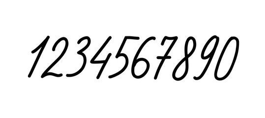 Hand written thin numbers in row. Vector black line lettering isolated on white background.
