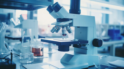 A microscope with lab glassware in modern medical laboratory. Microscope in lab.