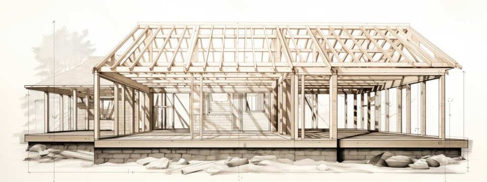 the frame of a wooden house . engineering illustration