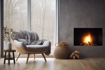 Grey chair by fireplace against window. Scandinavian home interior design of modern living room. - obrazy, fototapety, plakaty