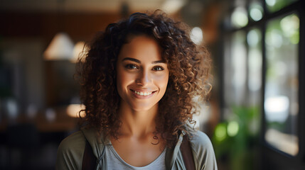 Obraz premium A female software engineer in a tech startup, natural sunlight through windows, dressed in casual tech attire