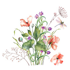 Meadow wildflowers arrangement. Isolated watercolor illustration. - 676347312