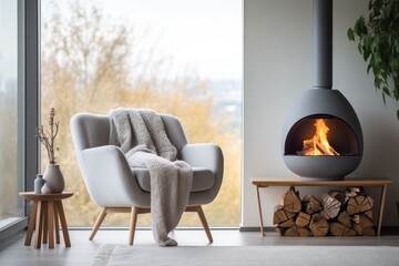 Grey chair by fireplace against window. Scandinavian home interior design of modern living room.