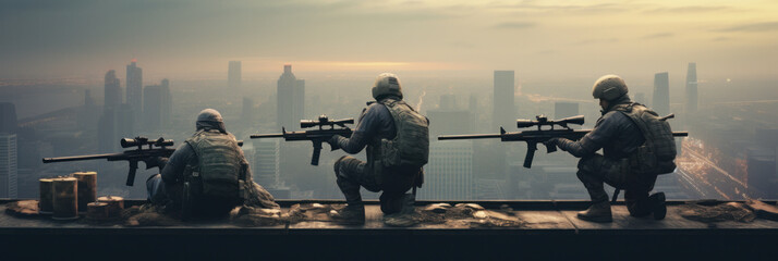 A rooftop snipers and city posters battlefield war. - obrazy, fototapety, plakaty