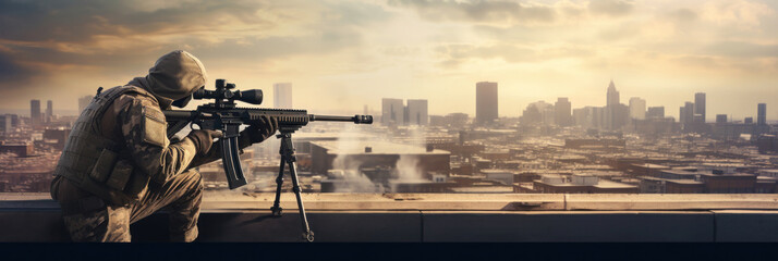 A rooftop snipers and city posters battlefield war.