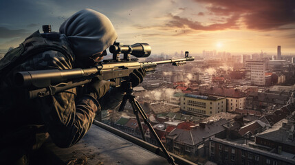 A rooftop snipers and city posters battlefield war. - obrazy, fototapety, plakaty