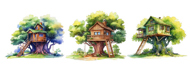 set of watercolor treehouses.