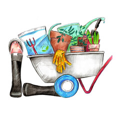 watercolor illustration garden cart with watering can,soil,flowers,pots,tools,gloves,rubber boots and a toy hedgehog