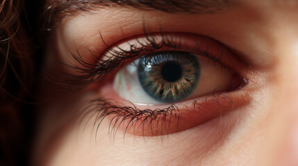 Fototapeta premium Close-up of human eye. Sclera, iris and pupil. Advertising concept for eye care products and services.