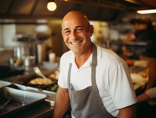 Authentic Chef's Delight: Capturing the Joy of Cooking with a Smiling Middle-Aged Chef