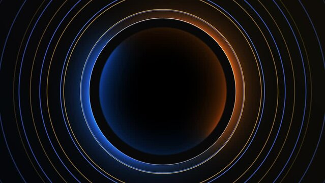 Glowing neon blue and yellow circles abstract futuristic motion background. Seamless looping animation