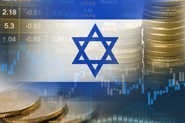 Stock market investment trading financial, coin and Israel flag or Forex for analyze profit finance business trend data background.
