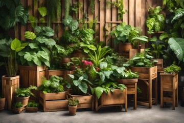 Fototapeta na wymiar flowers in potsPlants potted in wooden planters. Outdoor urban gardens with trees, herbage, flora, shrubs, ivy, flowers, Bougainville, taro, elephant ears, hibiscus and ferns