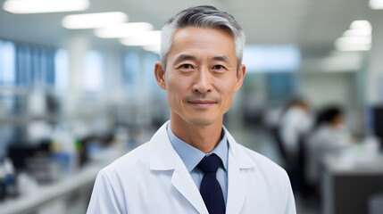 A male scientist in a high-tech lab, controlled lighting, wearing a lab coat