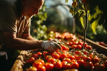 Farmer picking tomato in organic garden. - obrazy, fototapety, plakaty