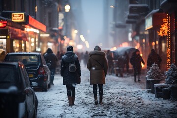 People walking in the city during cold winter time.