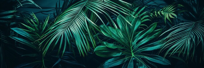 Captivating and serene view of green tropical forest leaves in a beautiful low light background