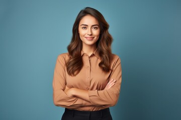 Fototapeta premium Photo portrait of lovely young lady folded arms confident pose wear trendy brown blouse isolated on dark blue color background.