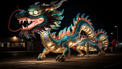 Fototapeta premium Colorful chinese new year procession with captivating mythological float, enhancing festive ambiance