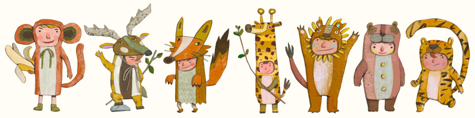 Kids playing as animals. wildlife charector illustration. chidren art.