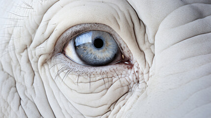 the fine details of the eyelashes, eyelids, and expressive eye of a regal white albino elephant, against a serene and pristine white background, ensuring a powerful and detailed studio-quality image f - obrazy, fototapety, plakaty