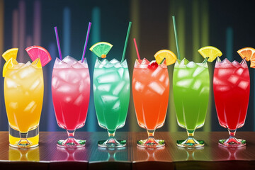 colorful cocktail drinks on a line on a table panorama. ai generative