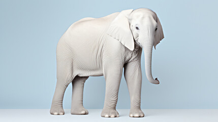 a majestic white albino elephant standing with grace, its blue eyes captivating against a seamless white background, creating a visually stunning and sophisticated presentation
