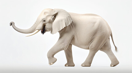 a regal white albino elephant standing with grace, its majestic presence and blue eyes illuminated against a seamless white background, perfect for a visually stunning presentation or flyer