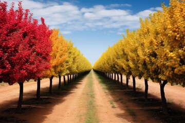 Fototapeta na wymiar Colorful rows of fruit trees
