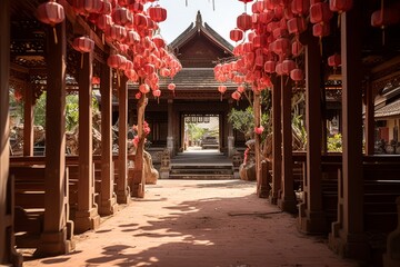 Festive chinese temple entrance with lanterns and banners, inviting visitors to celebrate new year
