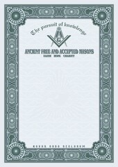 Vertical blank with Masonic symbols for creating certificates, diplomas, bills and other securities. Classic design in blue colors.