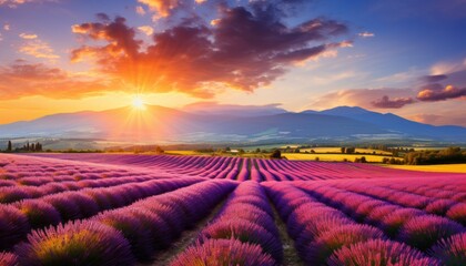 Breathtaking panoramic view of a stunning lavender field at sunset with vibrant colors