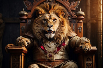 lion sitting on the wooden throne
