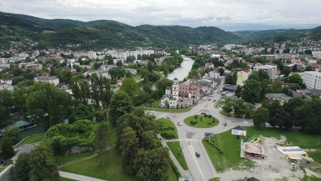 Srpska pravoslavna crkva aerial view slowly orbiting Serbian orthodox church on the Vrbas river in Banja Luka