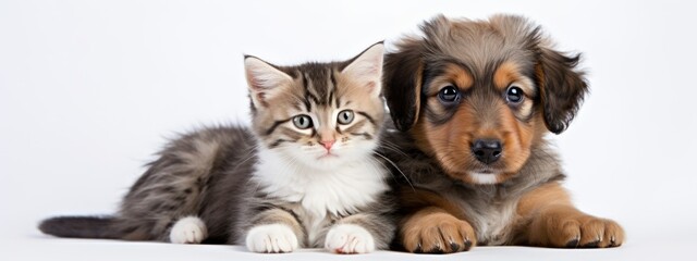 banner poster portrait with space for text of a cute puppy and kitten on a white background