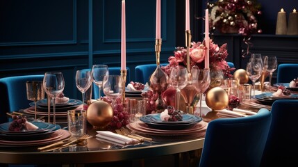 decoration table decoration for Christmas in soft pink and dark blue tones with New Year's balls, plates in a modern interior
