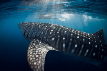Whale shark and woman on the background in blue ocean.