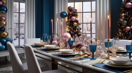 decoration table decoration for Christmas in soft pink and dark blue tones with New Year's balls, plates in a modern interior