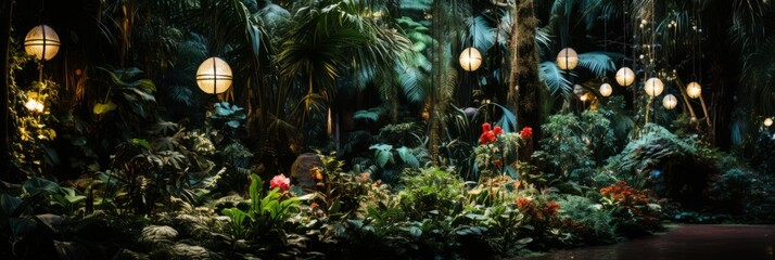 Enchanting chinese new year garden with illuminated lanterns of various shapes and sizes